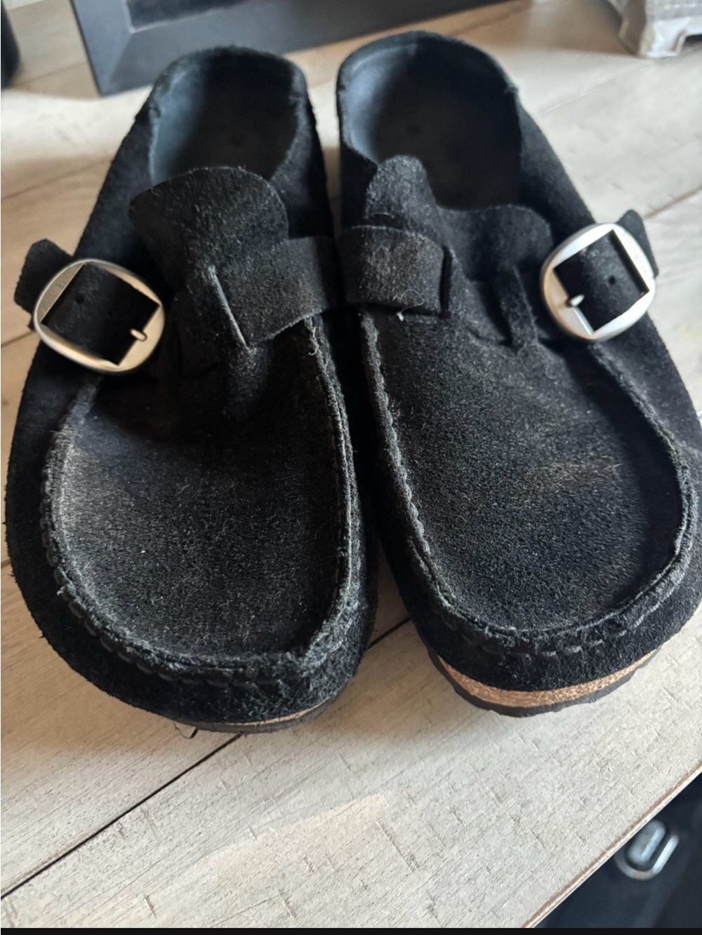 Birkenstock Black Suede Boston Mules with Buckle